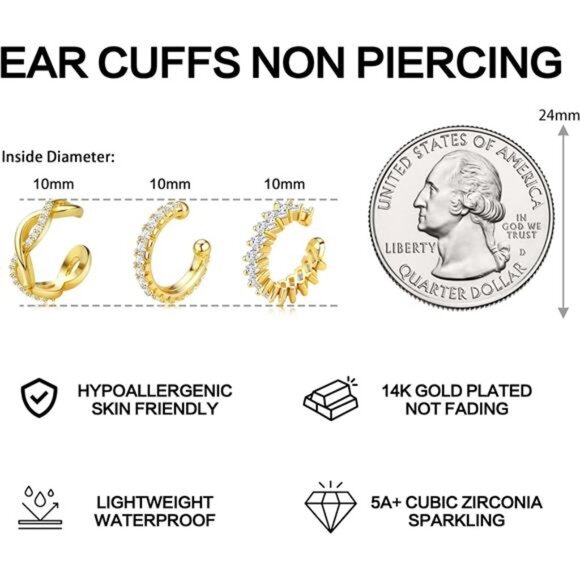 Ear Cuffs Non-Piercing Earrings for Women Cute Small Clip-On Cartilage - Picture 4 of 7